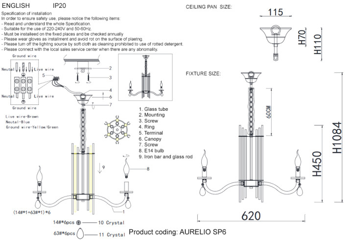 Подвесная люстра Crystal Lux AURELIO SP6 GOLD+CHROME/TRANSPARENT