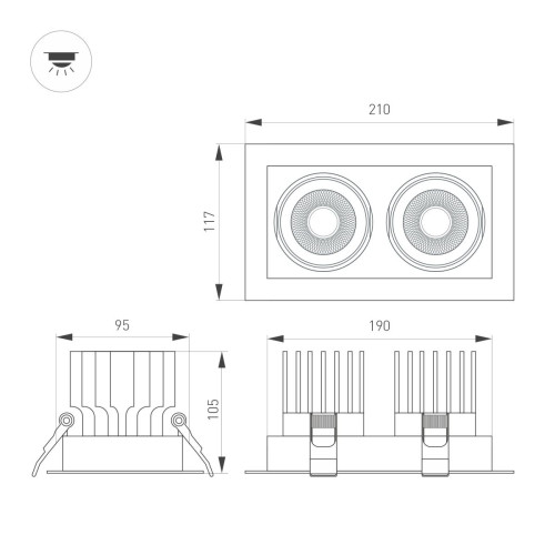 Встраиваемый карданный светильник Arlight MS-VORTEX-BUILT-S210x117-2x20W Day4000 (WH-WH, 40 deg, 230V) (IP20 Металл) 057768