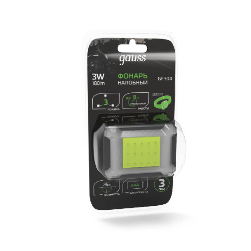 Налобный светодиодный фонарь Gauss от батареек 65х45 180 лм GF304