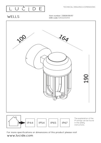 Уличный настенный светильник Lucide Wells 33808/08/97